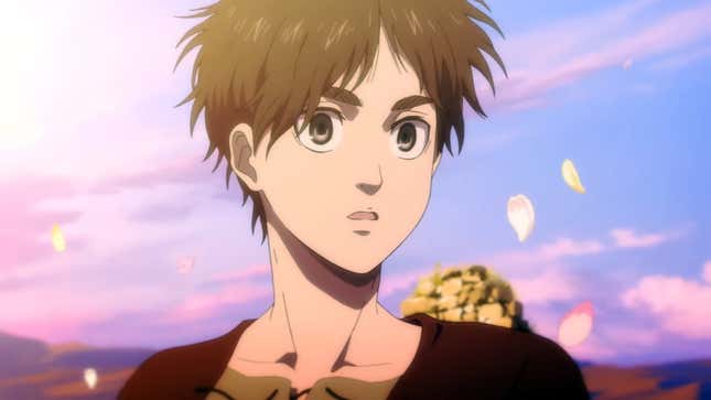 Eren Jaeger stands in a field while cherry blossoms float gently in the breeze around him. 