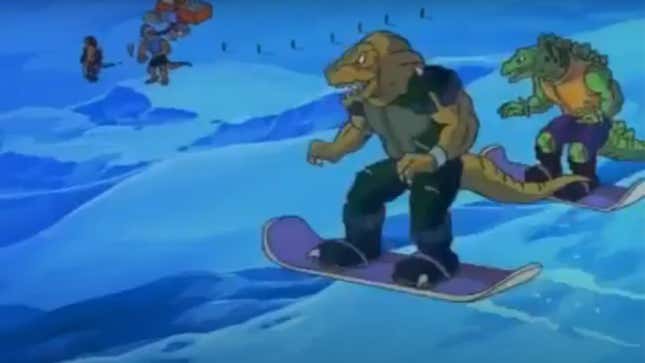 Two anthropomorphic dinosaur men on snowboards approach three others on a frozen landscape.