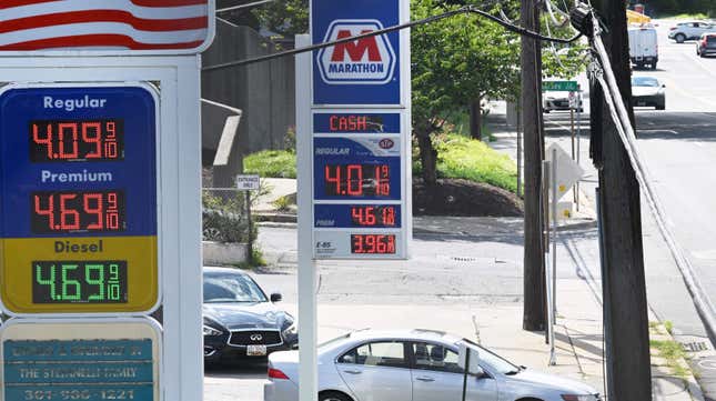 Gas prices at a two stations in Bethesda, Maryland on August 11.