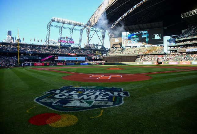 Jul 22, 2022; Seattle, Washington, USA;  The logo of the 2023 All-Star Game which will take place in Seattle is painted behind home plate before the game between the Seattle Mariners and the Houston Astros at T-Mobile Park.