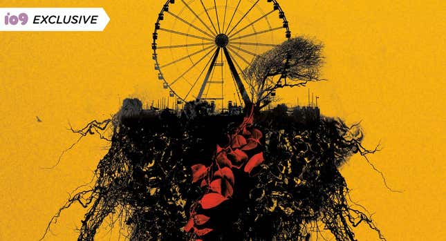 A Ferris wheel and a tangle of branches and red leaves stands out on a crop of the yellow background for Kiersten White's new horror novel, Hide.