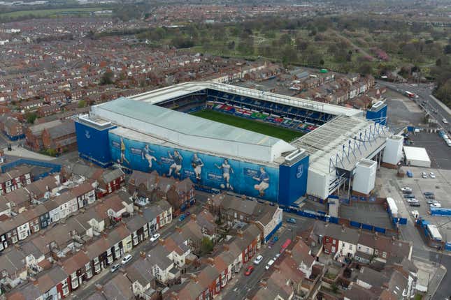 FILE - Everton&#39;s Goodison Park Stadium is seen in Liverpool, England, Wednesday, April 21, 2021. Everton, one of English soccer&#39;s most storied teams, will be bought by American private investment firm 777 Partners, the club said Friday, Sept. 15, 2023. (AP Photo/Jon Super, File)