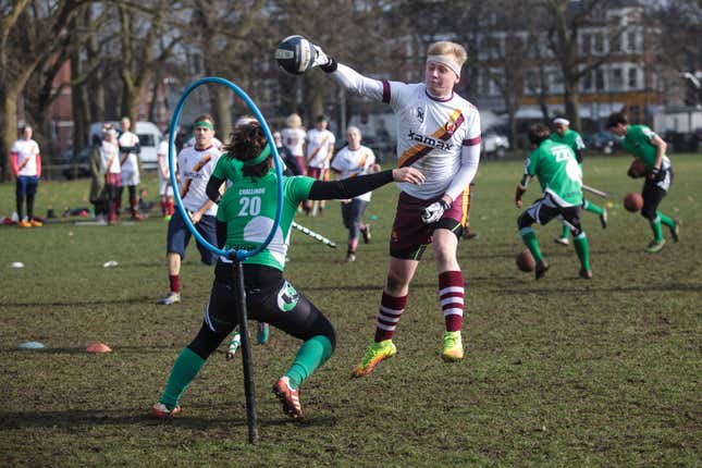 A Werewolves Of London quidditch player shoots during a game against the Keele Squirrels at the Crumpet Cup quidditch tournament in 2017