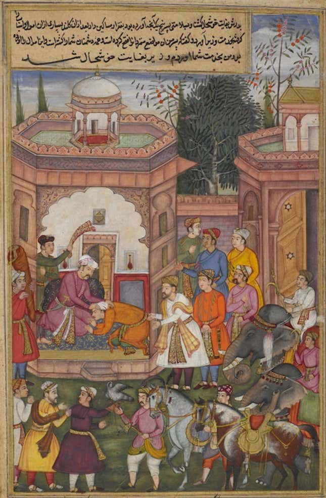 Candrahāsa kneeling before the Raja of Kuntala on being presented to him by the minister Dhṛṣṭabuddhi after Candrahāsa’s victory over the king’s enemies. The elephants, horses and hawk are booty from the enemy.