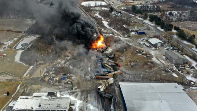 FILE - This photo taken with a drone shows portions of a Norfolk Southern freight train that derailed Friday night in East Palestine, Ohio, are still on fire at mid-day Saturday, Feb. 4, 2023. CEO Alan Shaw told the railroad&#39;s employees in a letter Thursday, Sept. 14, 2023, that Norfolk Southern will take several immediate steps in response to the initial report Atkins Nuclear Secured delivered including strengthening the way it responds to any safety incident and establishing a dedicated team to work on implementing the consultant&#39;s recommendations. (AP Photo/Gene J. Puskar, File)