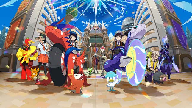 Scarlet-hued Pokemon and people in red-attire stand on the left side of the image while on the other, people and Pokemon of violet emphasis are featured, all in front of ornate academy buildings under a crystalline sky.