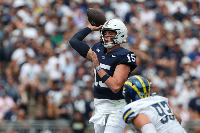Sep 9, 2023; University Park, Pennsylvania, USA; Penn State Nittany Lions quarterback Drew Allar (15) throws a pass during the first quarter against the Delaware Fightin&#39; Blue Hens at Beaver Stadium.