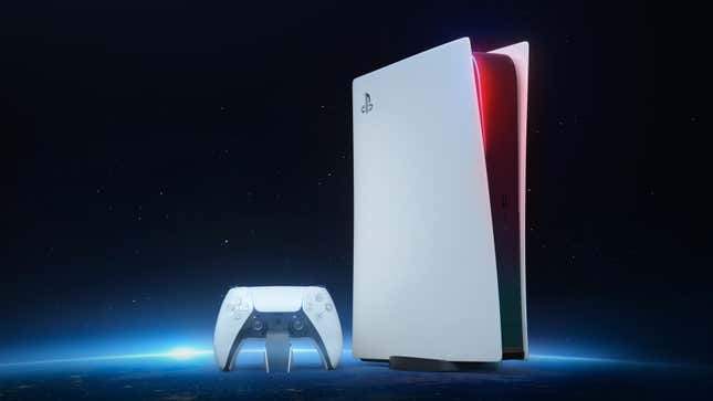A PS5 in space glows red.