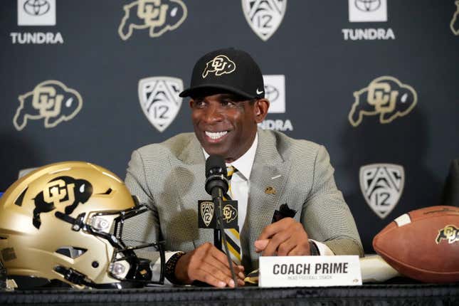 Deion Sanders speaks after being introduced as the new head football coach at the University of Colorado during a news conference Sunday, Dec. 4, 2022, in Boulder, Colo. Sanders left Jackson State University after three seasons at the helm of the school’s football team.