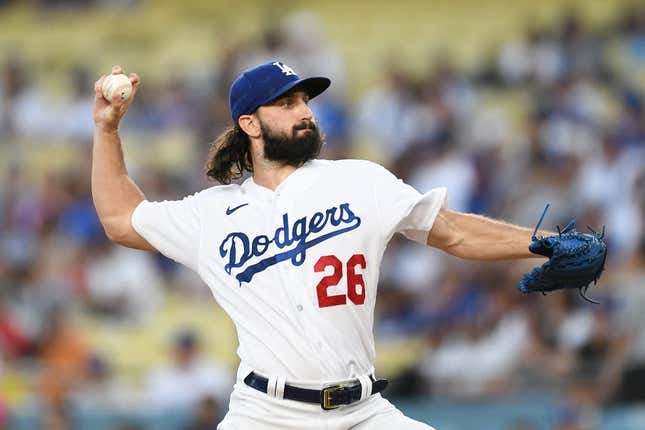 Aug 18, 2023; Los Angeles, California, USA; Los Angeles Dodgers starting pitcher Tony Gonsolin (26) throws a pitch against the Miami Marlins during the first inning at Dodger Stadium.