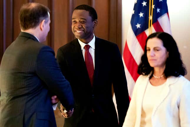 Deputy Treasury Secretary Wally Adeyemo arrives for a dinner for Latin American and Caribbean Finance Ministers at the US Treasury Department in Washington, DC, on April 13, 2023. 