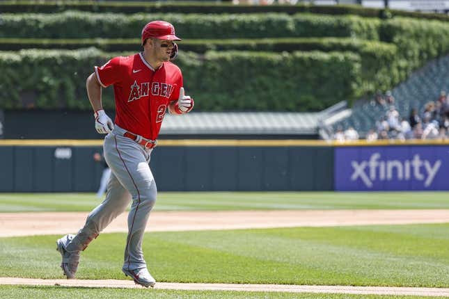 May 31, 2023; Chicago, Illinois, USA; Los Angeles Angels center fielder Mike Trout (27) rounds the bases after hitting a two-run home run against the Chicago White Sox during the first inning at Guaranteed Rate Field.