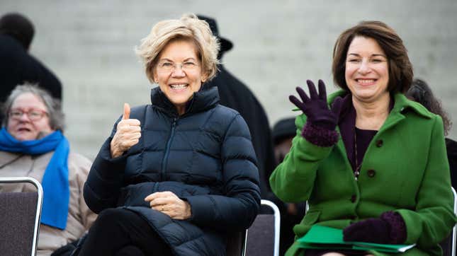 Elizabeth Warren and Amy Klobuchar attend a rally in 2020. The New York Times endorsed both for president.