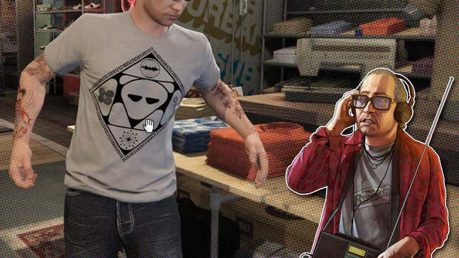 An image shows Ron from GTA V looking at the weird shirt from GTA Online. 