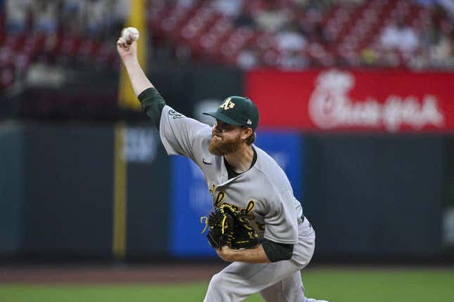 Aug 16, 2023; St. Louis, Missouri, USA;  Oakland Athletics starting pitcher Paul Blackburn (58) pitches against the St. Louis Cardinals during the sixth inning at Busch Stadium.
