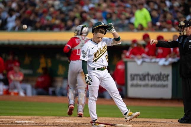 Sep 1, 2023; Oakland, California, USA;  Oakland Athletics shortstop Nick Allen (2) reacts after a called third strike against the Los Angeles Angels during the second inning at Oakland-Alameda County Coliseum.