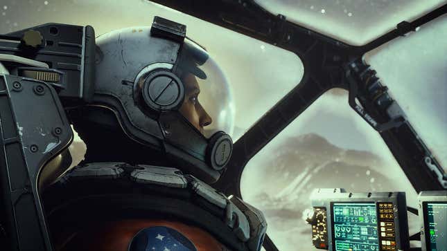 A Starfield character wearing a helmet stares through a window from a spaceship's cockpit.