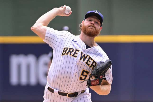Aug 6, 2023; Milwaukee, Wisconsin, USA; Milwaukee Brewers pitcher Brandon Woodruff (53) pitches against the Pittsburgh Pirates in the first inning at American Family Field.