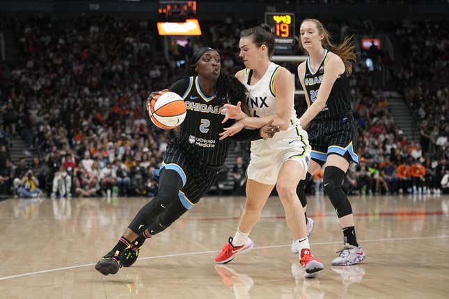 May 13, 2023; Toronto, Ontario, Canada; Chicago Sky guard Kahleah Copper (2) drives to the net against Minnesota Lynx forward Bridget Carleton (6) during the first half at Scotiabank Arena.