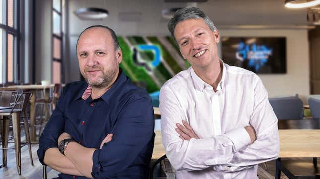 David Cage (left) and Guillaume de Fondaumière (right) pose in the Quantic Dream offices in 2020.