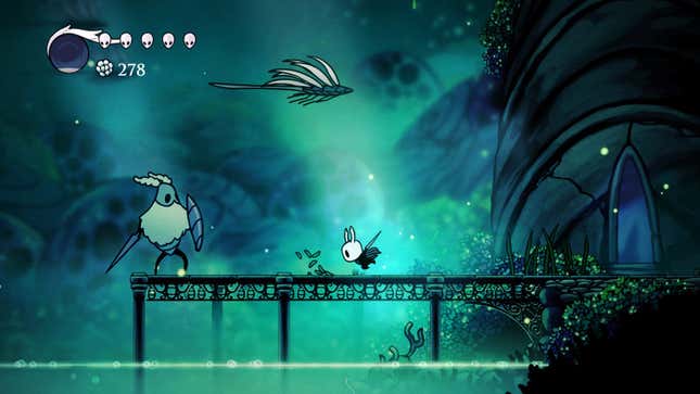 a small bug with a needle dashes toward a large bug with a needle in hollow knight on xbox game pass