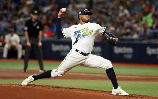 Sep 8, 2023; St. Petersburg, Florida, USA; Tampa Bay Rays starting pitcher Taj Bradley (45) throws a pitch  against the Seattle Mariners during the second inning at Tropicana Field.