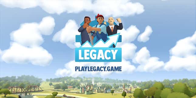 The logo for Legacy floating in the sky above some cute cartoon trees and buildings.