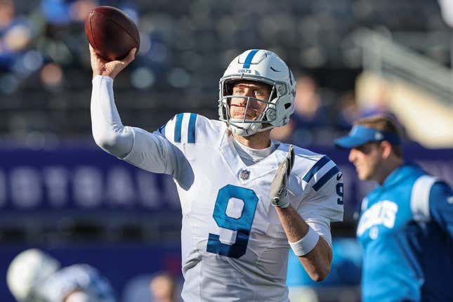 Jan 1, 2023; East Rutherford, New Jersey, USA; Indianapolis Colts quarterback Nick Foles (9) warms up before the game against the New York Giants at MetLife Stadium.