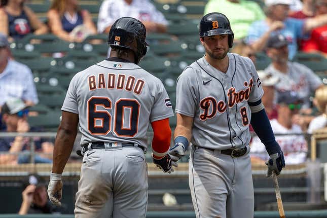 Spencer Torkelson of the Detroit Tigers celebrates after scoring