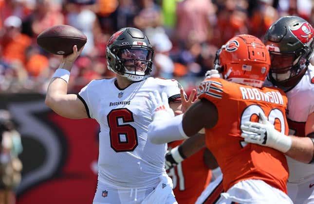 Sep 17, 2023; Tampa, Florida, USA; Tampa Bay Buccaneers quarterback Baker Mayfield (6) prepares to pass against the Chicago Bears during the first quarter at Raymond James Stadium.