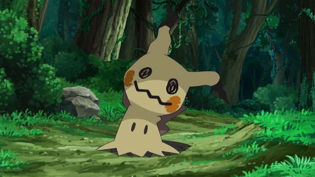 Mimikyu is seen standing in a dark forest.