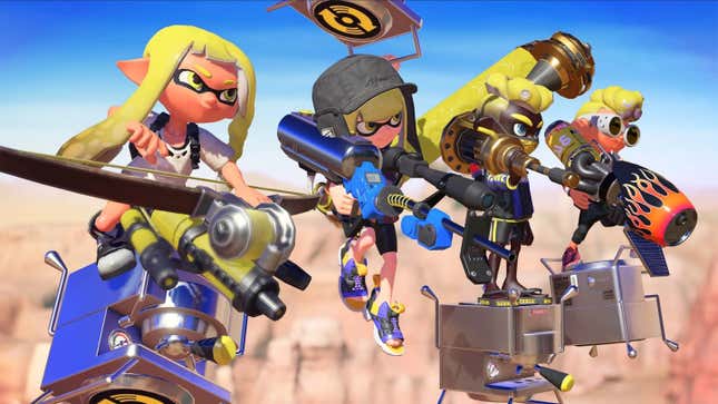 Four Splatoon characters wield various weapons that resemble crossbows, flamethrowers, and other contraptions.