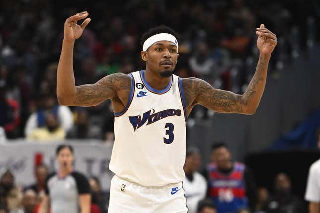 Nov 18, 2022; Washington, District of Columbia, USA; Washington Wizards guard Bradley Beal (3) reacts against the Miami Heat during the second half at Capital One Arena.