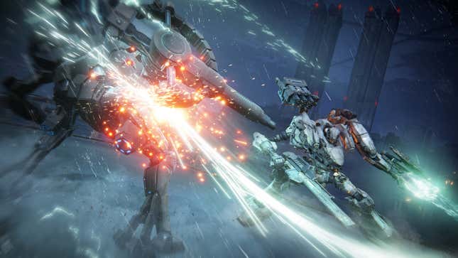 A mech fights another one with a laser sword. 