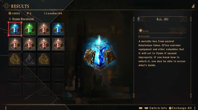 A Babylon's Fall menu shows possible loot from a recent mission.