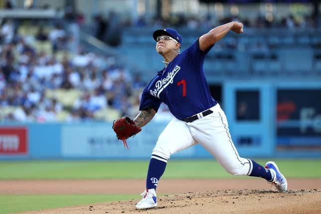 Aug 3, 2023; Los Angeles, California, USA;  Los Angeles Dodgers starting pitcher Julio Urias (7) pitches during the first inning against the Oakland Athletics at Dodger Stadium.