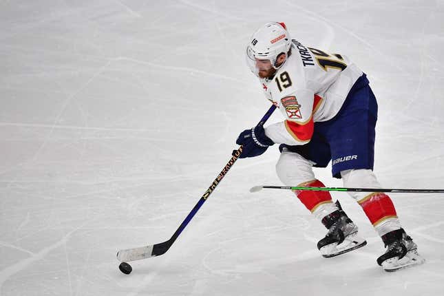 Jun 5, 2023; Las Vegas, Nevada, USA; Florida Panthers left wing Matthew Tkachuk (19) skates with the puck in the second period against the Vegas Golden Knights in game two of the 2023 Stanley Cup Final at T-Mobile Arena.