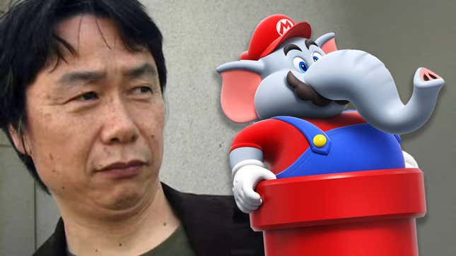 An image shows Miyamoto staring confusedly at Elephant Mario emerging from a red pipe.  