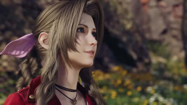 A screenshot shows Aerith from the new trailer. 