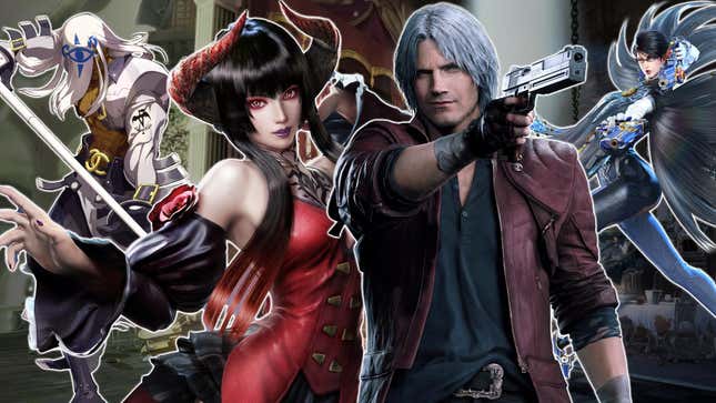 Dante, Eliza, Venom, and Bayonetta pose in front of Slayer's Guilty Gear stage.