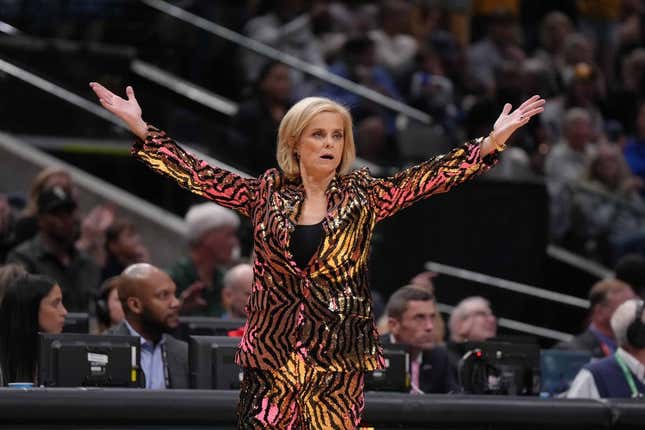 Apr 2, 2023; Dallas, TX, USA; LSU Lady Tigers head coach Kim Mulkey reacts against the Iowa Hawkeyes during the NCAA Womens Basketball Final Four National Championship at American Airlines Center.