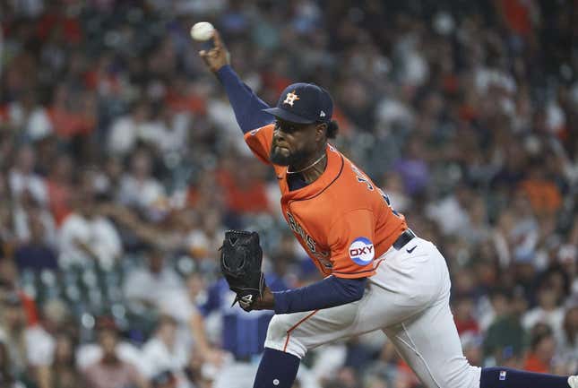 Jul 28, 2023; Houston, Texas, USA; Houston Astros starting pitcher Cristian Javier (53) delivers a pitch during the first inning against the Tampa Bay Rays at Minute Maid Park.