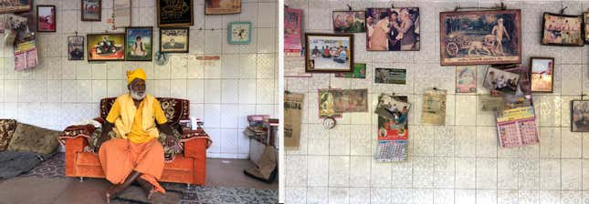Guru Baharatdas Darshandas sits in his room in Banej; details from the wall.