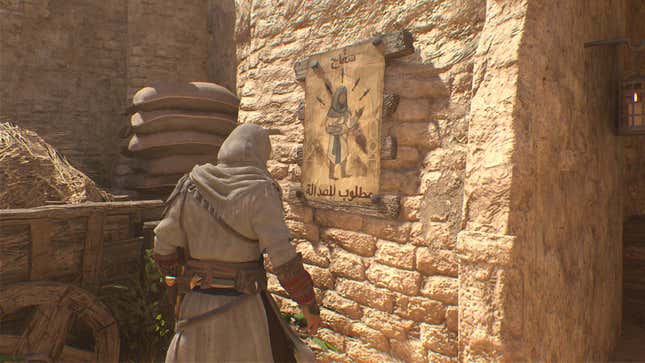 A screenshot shows an assassin looking at a wanted poster. 