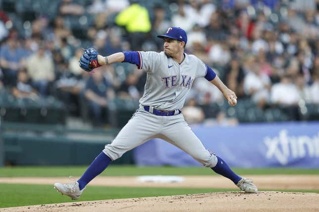 Jun 19, 2023; Chicago, Illinois, USA; Texas Rangers starting pitcher Andrew Heaney (44) pitches against the Chicago White Sox during the first inning at Guaranteed Rate Field.