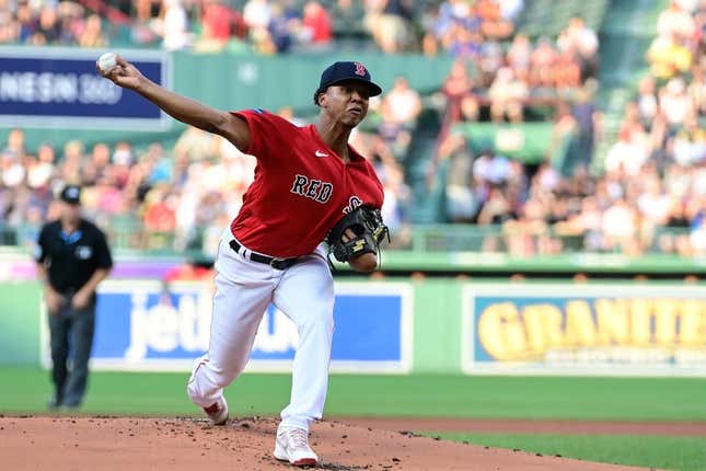 Jul 5, 2023; Boston, Massachusetts, USA; Boston Red Sox starting pitcher Brayan Bello (66) pitches against the Texas Rangers during the first inning at Fenway Park.