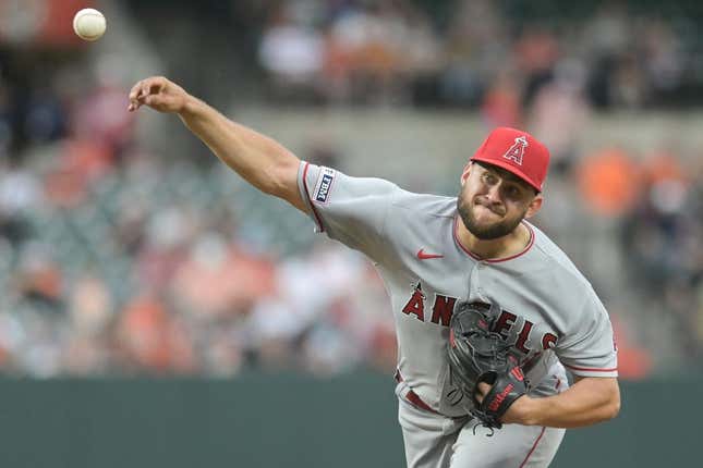 May 16, 2023; Baltimore, Maryland, USA;  Los Angeles Angels starting pitcher Chase Silseth (63) throws a second inning pitch against the Baltimore Orioles at Oriole Park at Camden Yards.