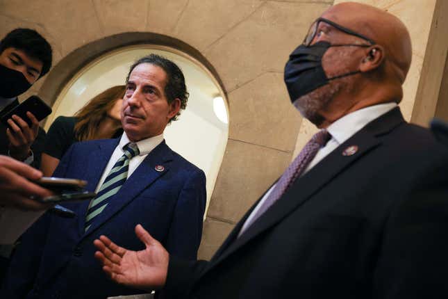  Rep. Jamie Raskin (D-MD) (L) and Rep. Bennie Thompson (D-MS) (R) speak to reporters outside of House Speaker Nancy Pelosi’s (D-CA) office following a meeting with other members of the select committee investigating the January 6th insurrection on July 22, 2021, in Washington, DC. 