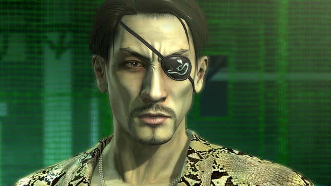 A screenshot shows a close up image of Majima from Yakuza. 