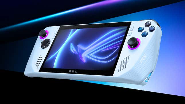 The Asus ROG Ally handheld gaming PC against an illustrated background.